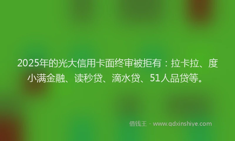 2025年的光大信用卡面终审被拒有：拉卡拉、度小满金融、读秒贷、滴水贷、51人品贷等。