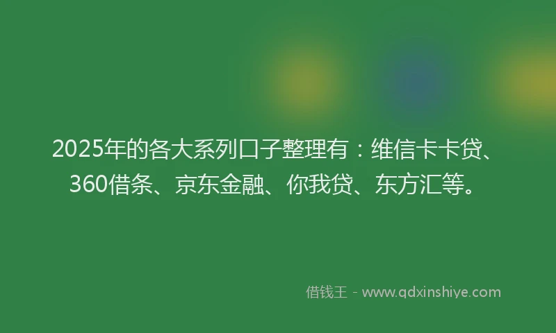 2025年的各大系列口子整理有：维信卡卡贷、360借条、京东金融、你我贷、东方汇等。