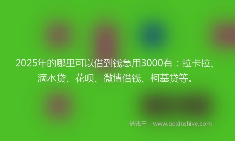 2025年的哪里可以借到钱急用3000有：拉卡拉、滴水贷、花呗、微博借钱、柯基贷等。