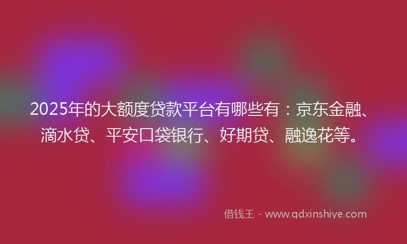 2025年的大额度贷款平台有哪些有：京东金融、滴水贷、平安口袋银行、好期贷、融逸花等。