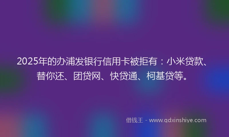 2025年的办浦发银行信用卡被拒有：小米贷款、替你还、团贷网、快贷通、柯基贷等。