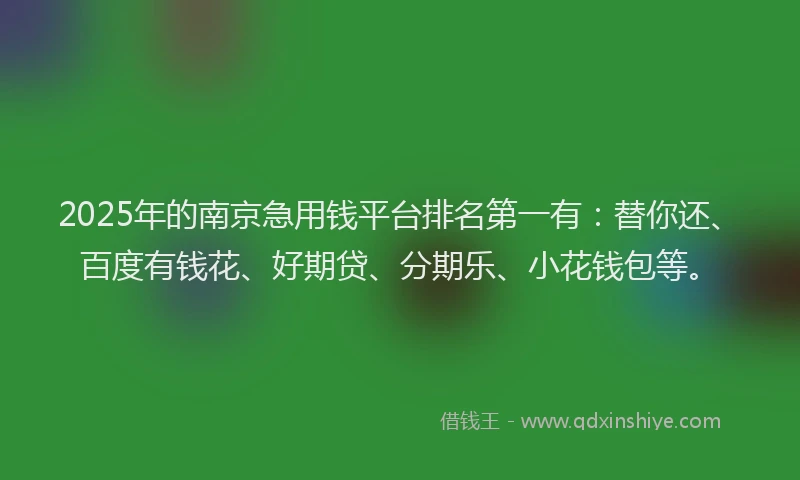 2025年的南京急用钱平台排名第一有：替你还、百度有钱花、好期贷、分期乐、小花钱包等。