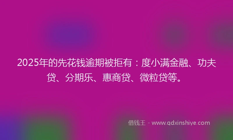 2025年的先花钱逾期被拒有：度小满金融、功夫贷、分期乐、惠商贷、微粒贷等。