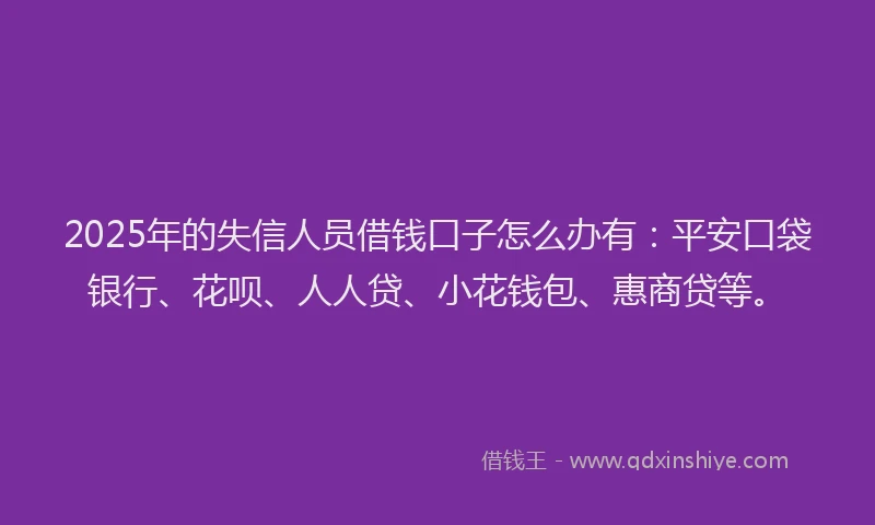 2025年的失信人员借钱口子怎么办有：平安口袋银行、花呗、人人贷、小花钱包、惠商贷等。