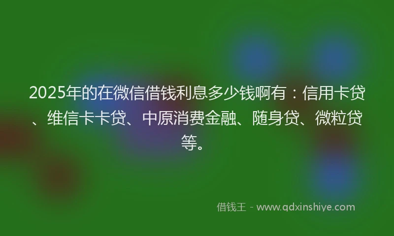 2025年的在微信借钱利息多少钱啊有：信用卡贷、维信卡卡贷、中原消费金融、随身贷、微粒贷等。