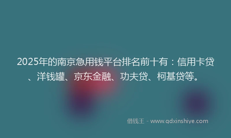 2025年的南京急用钱平台排名前十有：信用卡贷、洋钱罐、京东金融、功夫贷、柯基贷等。