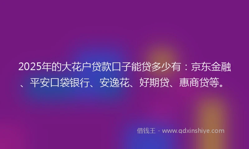2025年的大花户贷款口子能贷多少有：京东金融、平安口袋银行、安逸花、好期贷、惠商贷等。