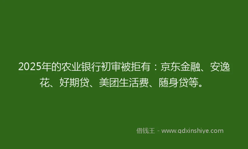 2025年的农业银行初审被拒有：京东金融、安逸花、好期贷、美团生活费、随身贷等。