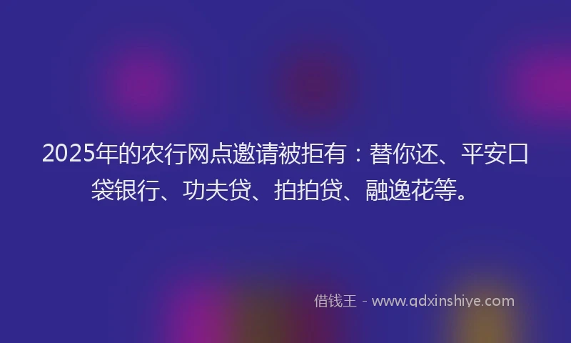 2025年的农行网点邀请被拒有：替你还、平安口袋银行、功夫贷、拍拍贷、融逸花等。