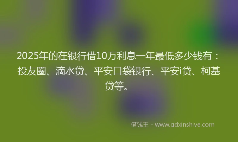 2025年的在银行借10万利息一年最低多少钱有：投友圈、滴水贷、平安口袋银行、平安i贷、柯基贷等。