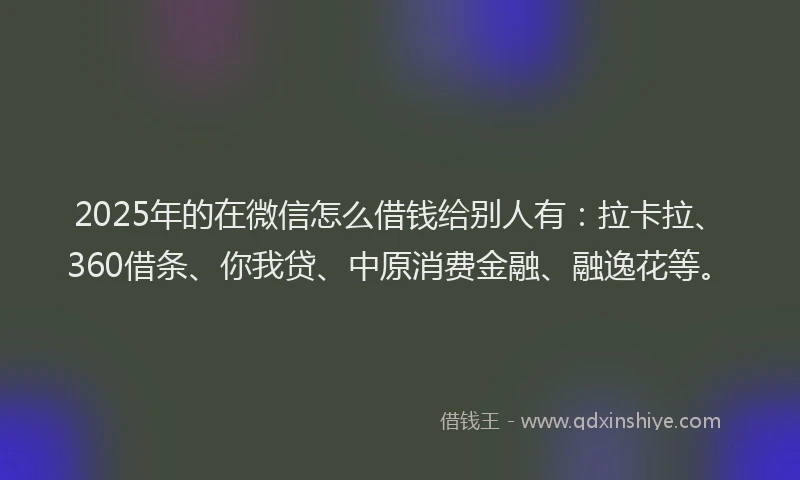 2025年的在微信怎么借钱给别人有：拉卡拉、360借条、你我贷、中原消费金融、融逸花等。