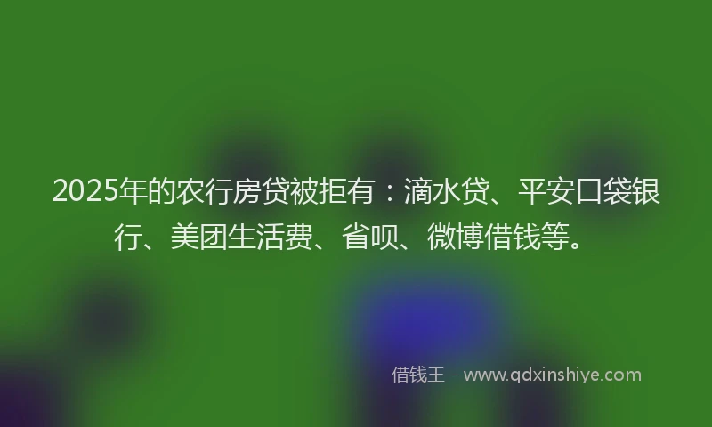 2025年的农行房贷被拒有：滴水贷、平安口袋银行、美团生活费、省呗、微博借钱等。