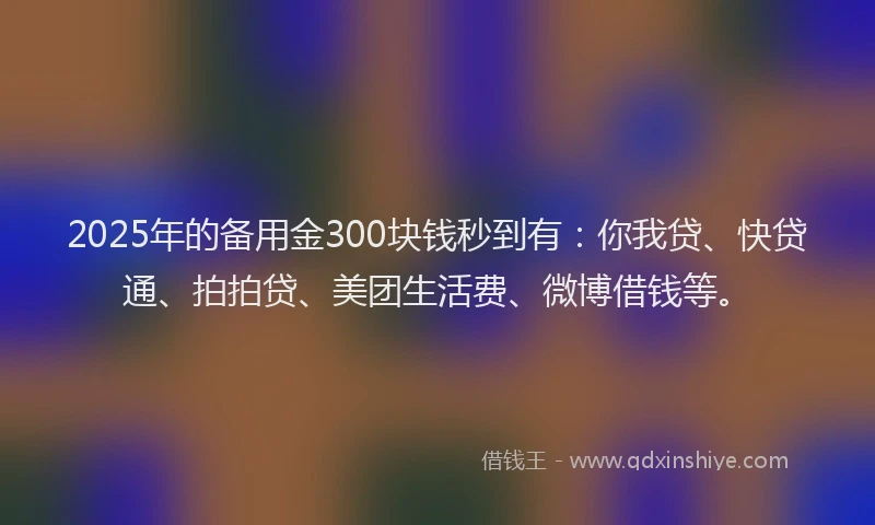 2025年的备用金300块钱秒到有：你我贷、快贷通、拍拍贷、美团生活费、微博借钱等。
