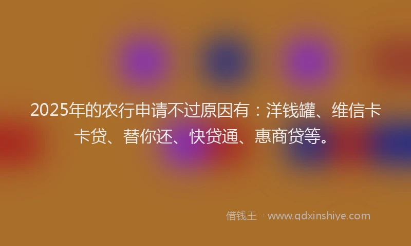 2025年的农行申请不过原因有：洋钱罐、维信卡卡贷、替你还、快贷通、惠商贷等。