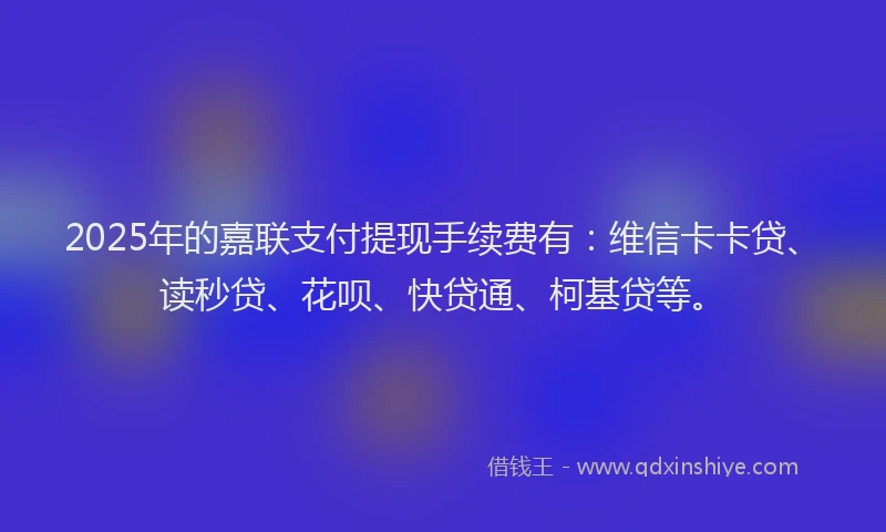 2025年的嘉联支付提现手续费有：维信卡卡贷、读秒贷、花呗、快贷通、柯基贷等。