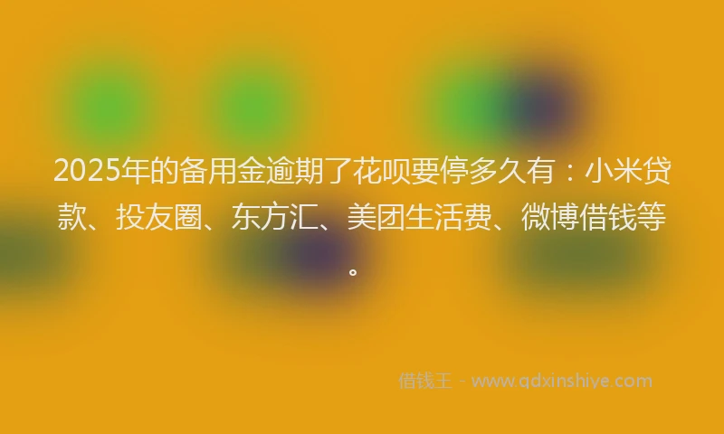 2025年的备用金逾期了花呗要停多久有：小米贷款、投友圈、东方汇、美团生活费、微博借钱等。
