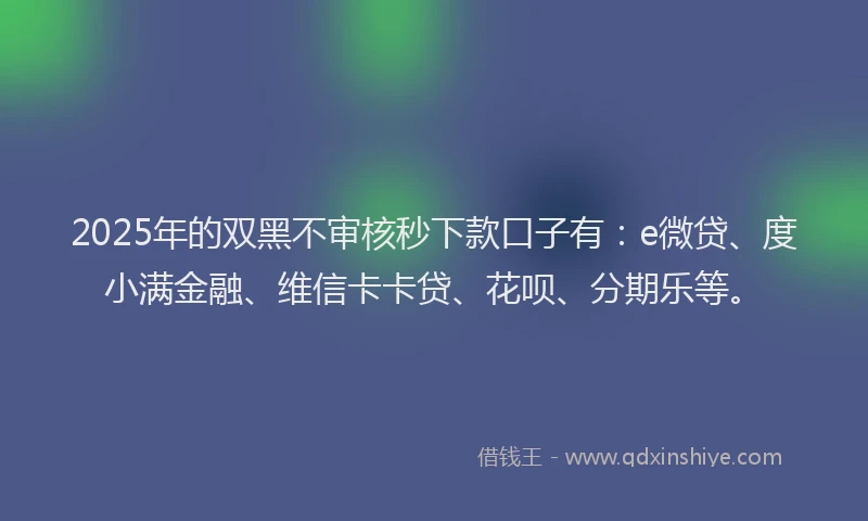 2025年的双黑不审核秒下款口子有：e微贷、度小满金融、维信卡卡贷、花呗、分期乐等。