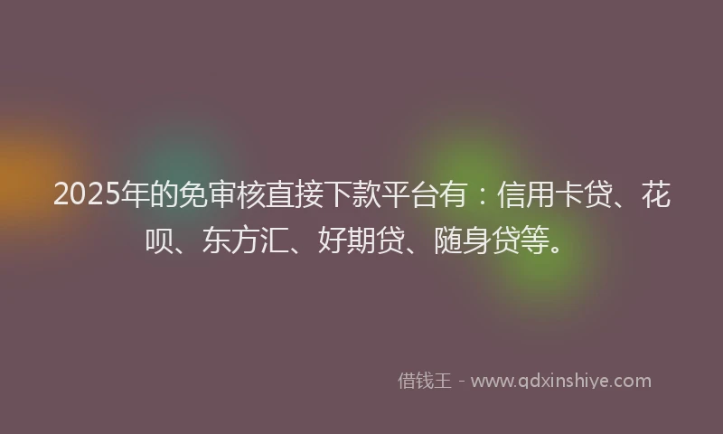 2025年的免审核直接下款平台有：信用卡贷、花呗、东方汇、好期贷、随身贷等。