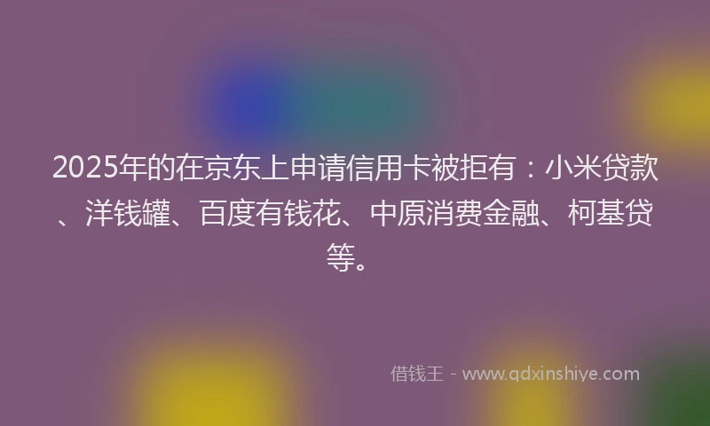2025年的在京东上申请信用卡被拒有：小米贷款、洋钱罐、百度有钱花、中原消费金融、柯基贷等。