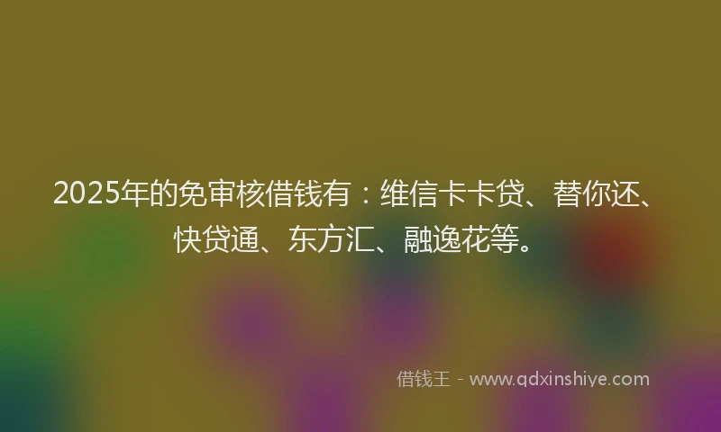 2025年的免审核借钱有：维信卡卡贷、替你还、快贷通、东方汇、融逸花等。