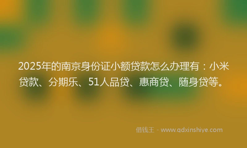 2025年的南京身份证小额贷款怎么办理有：小米贷款、分期乐、51人品贷、惠商贷、随身贷等。