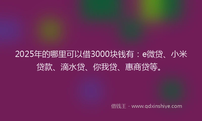 2025年的哪里可以借3000块钱有：e微贷、小米贷款、滴水贷、你我贷、惠商贷等。