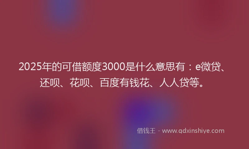 2025年的可借额度3000是什么意思有：e微贷、还呗、花呗、百度有钱花、人人贷等。