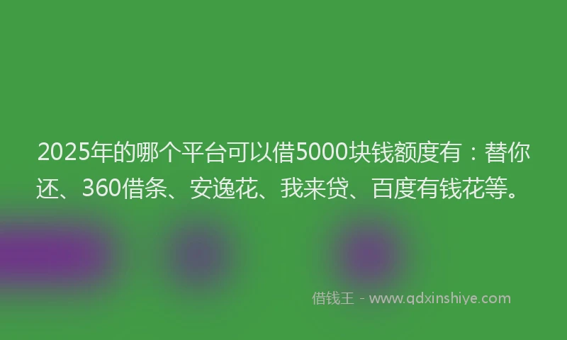 2025年的哪个平台可以借5000块钱额度有：替你还、360借条、安逸花、我来贷、百度有钱花等。