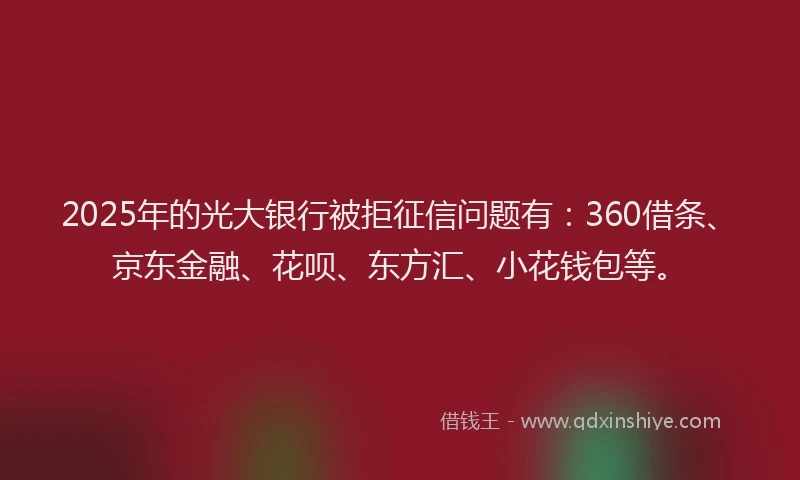 2025年的光大银行被拒征信问题有：360借条、京东金融、花呗、东方汇、小花钱包等。