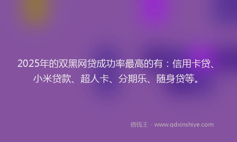 2025年的双黑网贷成功率最高的有：信用卡贷、小米贷款、超人卡、分期乐、随身贷等。