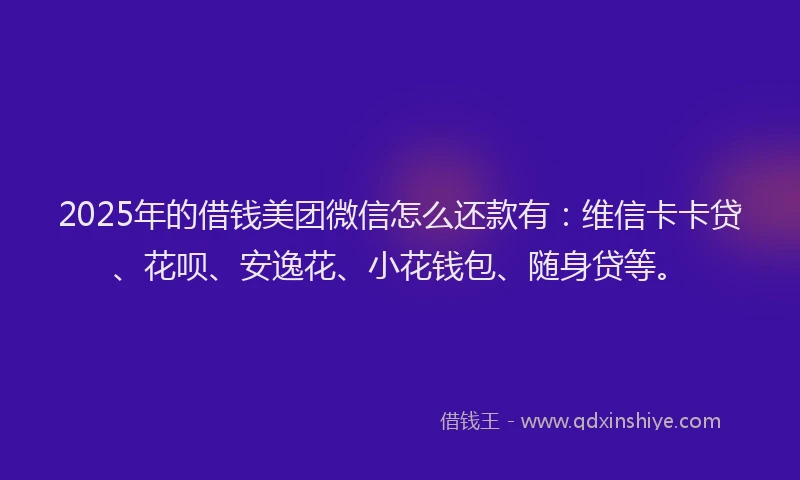 2025年的借钱美团微信怎么还款有：维信卡卡贷、花呗、安逸花、小花钱包、随身贷等。
