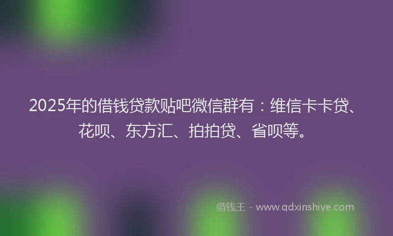2025年的借钱贷款贴吧微信群有：维信卡卡贷、花呗、东方汇、拍拍贷、省呗等。