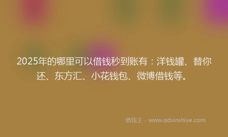 2025年的哪里可以借钱秒到账有：洋钱罐、替你还、东方汇、小花钱包、微博借钱等。
