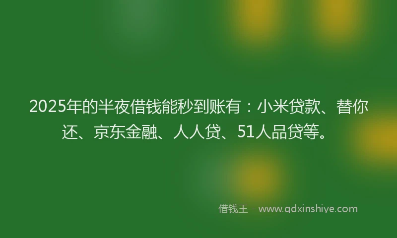 2025年的半夜借钱能秒到账有：小米贷款、替你还、京东金融、人人贷、51人品贷等。