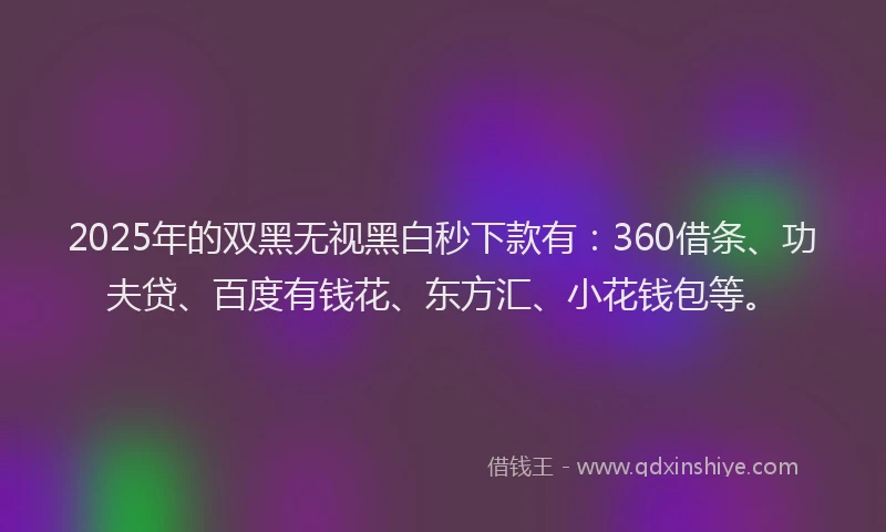 2025年的双黑无视黑白秒下款有：360借条、功夫贷、百度有钱花、东方汇、小花钱包等。