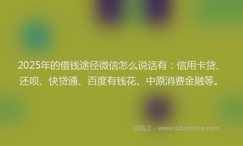 2025年的借钱途径微信怎么说话有：信用卡贷、还呗、快贷通、百度有钱花、中原消费金融等。