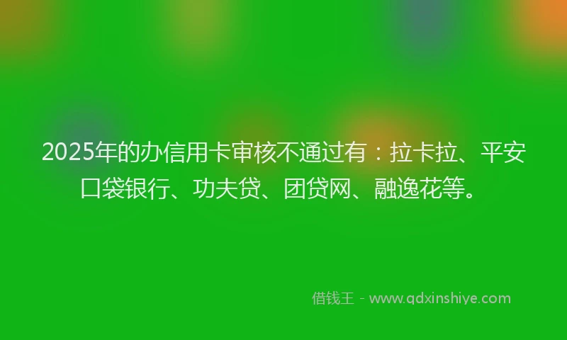 2025年的办信用卡审核不通过有：拉卡拉、平安口袋银行、功夫贷、团贷网、融逸花等。
