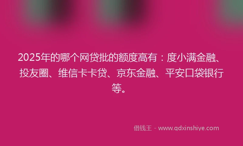 2025年的哪个网贷批的额度高有：度小满金融、投友圈、维信卡卡贷、京东金融、平安口袋银行等。