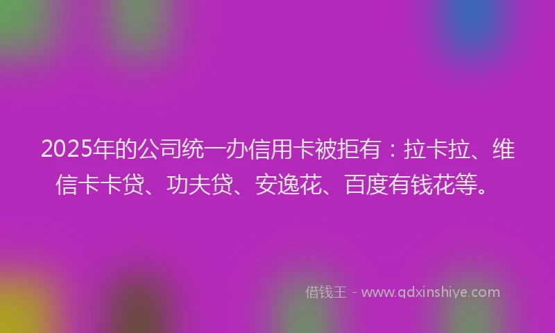 2025年的公司统一办信用卡被拒有：拉卡拉、维信卡卡贷、功夫贷、安逸花、百度有钱花等。