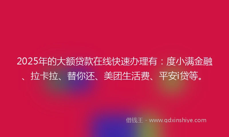 2025年的大额贷款在线快速办理有：度小满金融、拉卡拉、替你还、美团生活费、平安i贷等。