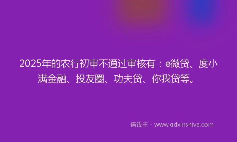 2025年的农行初审不通过审核有：e微贷、度小满金融、投友圈、功夫贷、你我贷等。