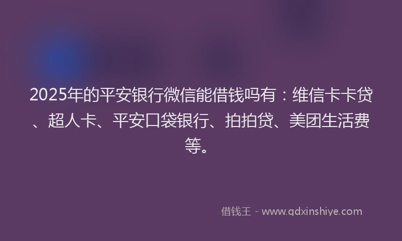 2025年的平安银行微信能借钱吗有：维信卡卡贷、超人卡、平安口袋银行、拍拍贷、美团生活费等。
