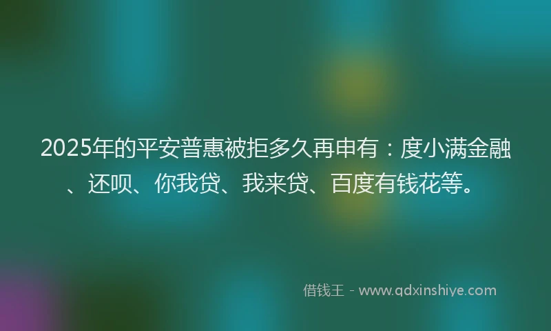 2025年的平安普惠被拒多久再申有：度小满金融、还呗、你我贷、我来贷、百度有钱花等。