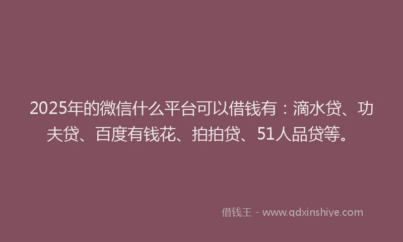 2025年的微信什么平台可以借钱有：滴水贷、功夫贷、百度有钱花、拍拍贷、51人品贷等。