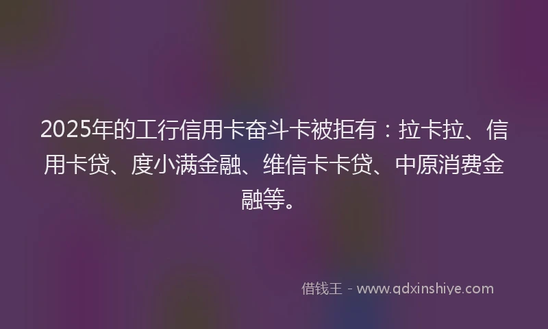 2025年的工行信用卡奋斗卡被拒有：拉卡拉、信用卡贷、度小满金融、维信卡卡贷、中原消费金融等。