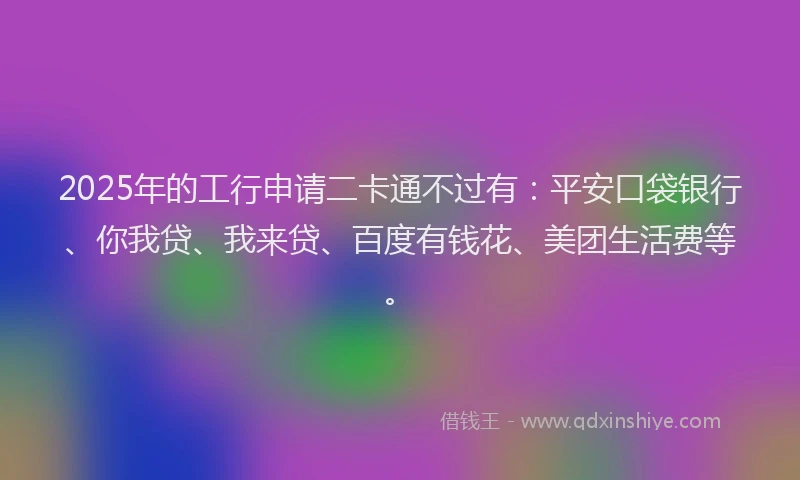 2025年的工行申请二卡通不过有：平安口袋银行、你我贷、我来贷、百度有钱花、美团生活费等。