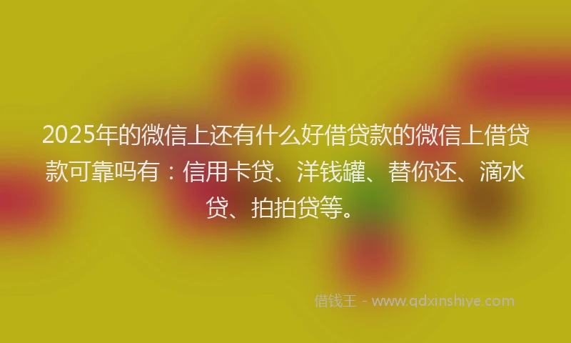 2025年的微信上还有什么好借贷款的微信上借贷款可靠吗有：信用卡贷、洋钱罐、替你还、滴水贷、拍拍贷等。