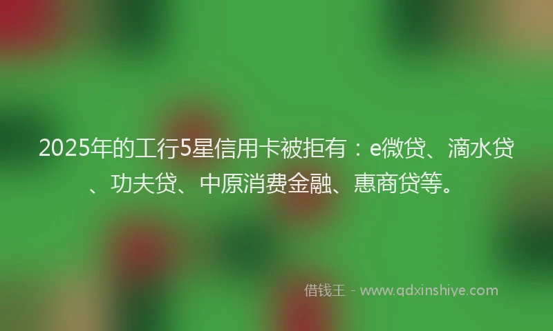 2025年的工行5星信用卡被拒有：e微贷、滴水贷、功夫贷、中原消费金融、惠商贷等。