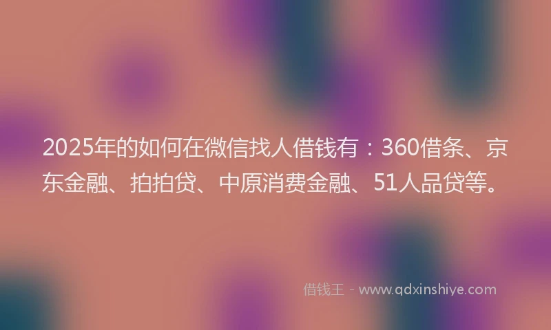 2025年的如何在微信找人借钱有：360借条、京东金融、拍拍贷、中原消费金融、51人品贷等。
