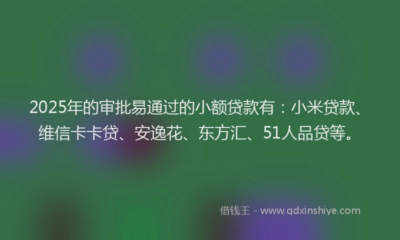 2025年的审批易通过的小额贷款有：小米贷款、维信卡卡贷、安逸花、东方汇、51人品贷等。